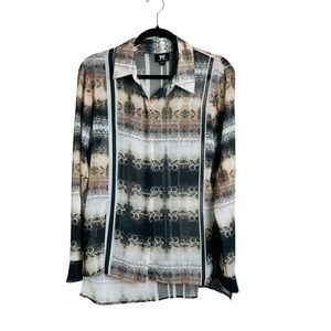 W by Worth Shirt Womens Small Brown Black Snake Print Sheer Long Sleeve Blouse